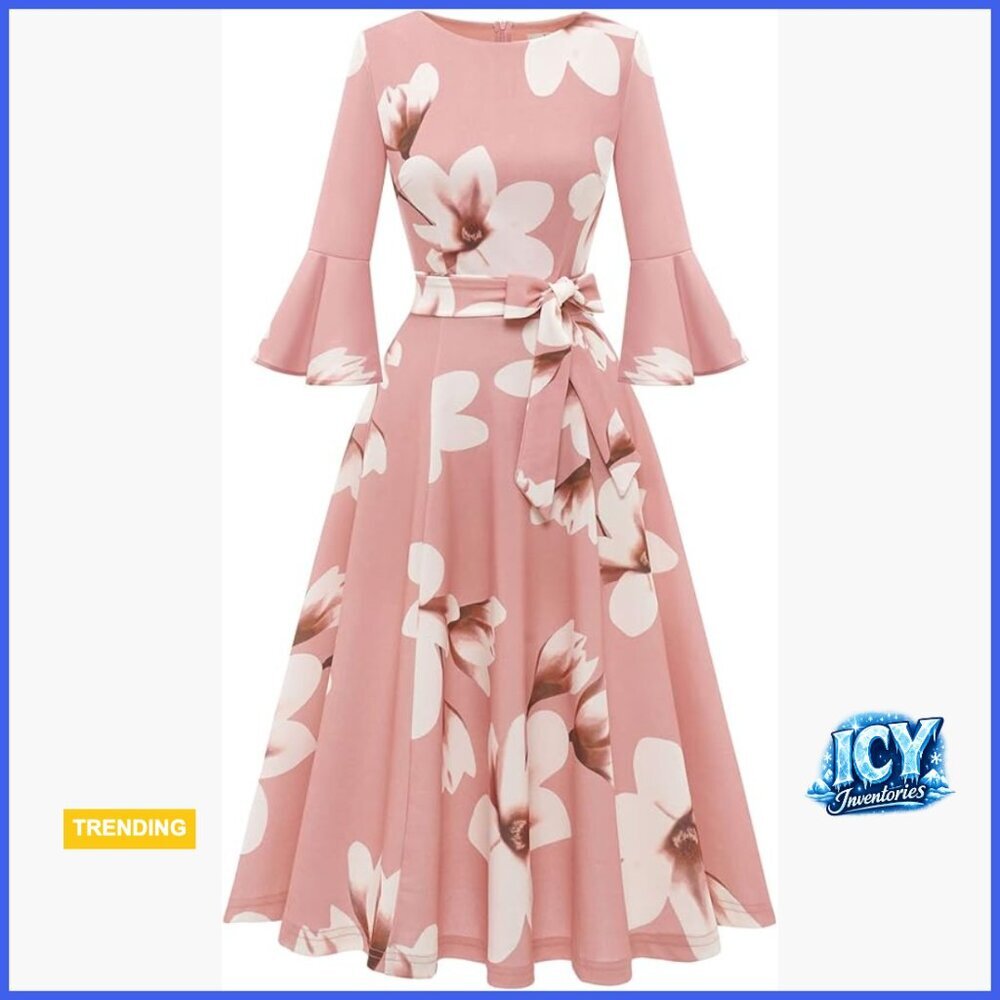 Vintage Bell Sleeve A-Line Midi Dress with Decorative Belt